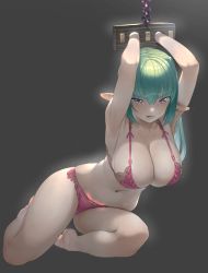 Rule 34 | 1girl, armpits, arms behind head, arms up, bare arms, bare legs, bare shoulders, barefoot, blush, bound, bound arms, bound wrists, bra, breasts, chain, cleavage, collarbone, commentary request, commission, cuffs, ear piercing, elf, gluteal fold, green eyes, green hair, grey background, groin, hair between eyes, half-closed eyes, highres, kawarage, lace, lace-trimmed panties, lace bra, lace panties, lace trim, large breasts, long hair, looking at viewer, midriff, navel, original, panties, parted lips, piercing, pixiv commission, pointy ears, purple bra, purple panties, restrained, shackles, short hair, side-tie panties, simple background, sitting, skindentation, slave, solo, spaghetti strap, stomach, tied up, underwear, yokozuwari