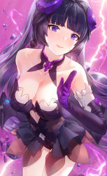 Rule 34 | 1girl, bare legs, bare shoulders, black dress, black gloves, black hair, blunt bangs, blush, braid, breasts, cleavage, collarbone, dress, elbow gloves, from above, gloves, grin, hand up, highres, honkai (series), honkai impact 3rd, horns, kfr, large breasts, lightning, long hair, looking at viewer, looking up, neck, purple eyes, raiden mei, short dress, side braid, smile, solo, standing, strapless, strapless dress, thighs
