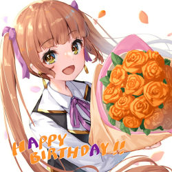 Rule 34 | 1girl, birthday, blush, bouquet, bow, earrings, flower, hair bow, happy birthday, jewelry, long hair, looking at viewer, orange hair, pale skin, pensuke, petals, pure project, purple bow, smile, solo, tsukinoki seira, twintails, virtual youtuber, white background, yellow eyes
