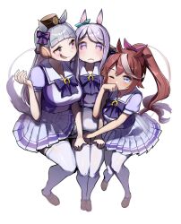 Rule 34 | 3girls, animal ears, black hat, blunt bangs, blush, bow, bowtie, brown footwear, brown hair, commentary, ear bow, frown, girl sandwich, gold ship (umamusume), grey hair, hair ribbon, hat, headgear, highres, horse ears, horse girl, horse tail, horseshoe ornament, knee up, loafers, long hair, looking at another, looking at viewer, mejiro mcqueen (umamusume), miniskirt, multicolored hair, multiple girls, one eye closed, open mouth, pillbox hat, pink ribbon, pleated skirt, ponytail, purple bow, purple bowtie, purple eyes, purple hair, purple shirt, red eyes, ribbon, sailor collar, sandwiched, school uniform, serafuku, shirt, shoes, simple background, sitting, skirt, smirk, streaked hair, summer uniform, sweatdrop, tail, tamukoro, thighhighs, tokai teio (umamusume), tracen school uniform, two-tone hair, umamusume, white background, white hair, white sailor collar, white skirt, white thighhighs