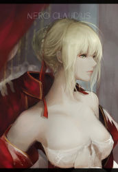 Rule 34 | 10s, 1girl, ahoge, bare shoulders, blonde hair, body offscreen, braid, breasts, character name, cleavage, collarbone, commentary request, dress, dressing, fate/extra, fate (series), french braid, gloves, green eyes, hair intakes, highres, lips, marumoru, nero claudius (fate), nero claudius (fate), nero claudius (fate/extra), red dress, short hair, solo, solo focus, upper body, white gloves