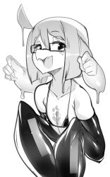 Rule 34 | 1girl, :d, bikini, commentary, cteno (slugbox), elbow gloves, extra arms, fangs, flat chest, furry, furry female, glasses, gloves, greyscale, highres, looking at viewer, medium hair, micro bikini, monochrome, open mouth, original, simple background, slugbox, smile, solo, swimsuit, upper body, white background