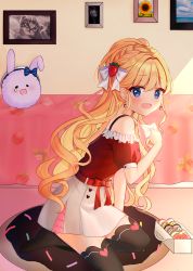 Rule 34 | 1girl, :d, bad id, bad pixiv id, bare shoulders, belt, black thighhighs, blonde hair, blue eyes, blush, bow, braid, doughnut, envelope, food, food-themed hair ornament, hair between eyes, hair bow, hair ornament, heart, highres, holding, holding envelope, long hair, mamel 27, no shoes, off-shoulder shirt, off shoulder, open mouth, original, pastry box, pleated skirt, puffy short sleeves, puffy sleeves, red belt, red bow, red shirt, shirt, short sleeves, skirt, smile, solo, strawberry hair ornament, thighhighs, very long hair, white bow, white skirt