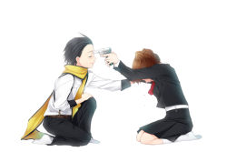 Rule 34 | 1boy, 1girl, atlus, bad end, bow, closed eyes, couple, face down, finger on trigger, from side, full body, gun, hair slicked back, hetero, kneehighs, mochizuki ryouji, on one knee, persona, persona 3, persona 3 portable, scarf, school uniform, shiomi kotone, shizutani, simple background, sitting, skirt, smile, socks, spoilers, suspenders, tears, weapon, white background, white socks