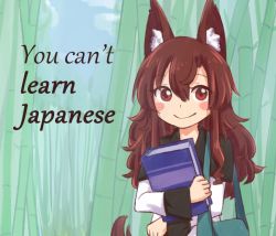 Rule 34 | 1girl, animal ear fluff, animal ears, bag, bamboo, bamboo forest, blush stickers, book, brown hair, cloud, day, english text, forest, hair between eyes, holding, holding book, imaizumi kagerou, long hair, long sleeves, looking at viewer, meme, nature, outdoors, red eyes, shoulder bag, sky, smile, solo, tail, touhou, upper body, wolf ears, wolf tail, wool (miwol)