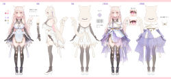 Rule 34 | 1girl, absurdres, amai hiyo, animal ears, bare shoulders, black gloves, black thighhighs, blonde hair, braid, breasts, cat ears, character sheet, color guide, dress, elbow gloves, gloves, hair between eyes, highres, incredibly absurdres, indie virtual youtuber, large breasts, long hair, multicolored hair, multiple views, off-shoulder dress, off shoulder, pink hair, purple dress, red eyes, rucaco, shoes, streaked hair, thighhighs, translation request, twin braids, very long hair, virtual youtuber, white background, white dress, white footwear