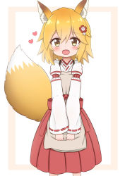 Rule 34 | 1girl, :d, animal ear fluff, animal ears, apron, blonde hair, blush, brown apron, brown background, brown eyes, commentary request, cowboy shot, fang, flower, fox ears, fox girl, fox tail, hair between eyes, hair flower, hair ornament, hakama, hakama skirt, heart, highres, japanese clothes, jiu (sdesd3205), kimono, long sleeves, open mouth, petite, red flower, red hakama, ribbon-trimmed sleeves, ribbon trim, senko (sewayaki kitsune no senko-san), sewayaki kitsune no senko-san, skirt, sleeves past wrists, smile, solo, tail, tail raised, two-tone background, white background, white kimono, wide sleeves