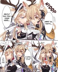 Rule 34 | 2girls, animal ears, antlers, arknights, blush, character name, deer antlers, deer ears, deer girl, english text, extra ears, gloves, hard-translated, head, headset, hood, horns, horse ears, horse girl, multiple girls, nearl (arknights), nearl the radiant knight (arknights), smile, speech bubble, third-party edit, third-party source, translated, tsuyuki yuki, viviana (arknights), yuri