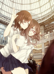 2girls bad_id bad_pixiv_id breasts brown_eyes brown_hair comrade_stalin glasses grabbing_another&#039;s_breast groping long_hair md5_mismatch medium_breasts multiple_girls one_eye_closed original red-framed_eyewear revision school_uniform skirt v wink yuri