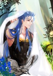 Rule 34 | 1boy, abs, absurdres, armpits, blue hair, chiritaros, closed mouth, collarbone, cu chulainn (fate), cu chulainn (caster) (fate), detached sleeves, earrings, fate/grand order, fate (series), flower, highres, jewelry, cu chulainn (fate/stay night), leaf, long hair, male focus, muscular, outdoors, red eyes, skin tight, smile, solo, spiked hair, tank top, tree, type-moon, veil