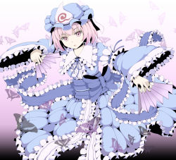 Rule 34 | 1girl, bad id, bad pixiv id, bow, bug, butterfly, dress, female focus, frills, gradient background, hand fan, hat, hebitsukai, insect, japanese clothes, pink eyes, pink hair, ribbon, saigyouji yuyuko, short hair, solo, touhou, white background