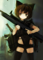 Rule 34 | 1girl, animal ears, bad id, bad pixiv id, female focus, gradient background, gun, lm7 (op-center), rifle, solo, thighhighs, trigger discipline, weapon