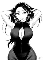 Rule 34 | 1girl, armpits, bad id, bad twitter id, bare shoulders, breasts, cleavage, commentary request, cowboy shot, dress, earrings, greyscale, highres, hip focus, holding, holding own hair, jewelry, large breasts, long hair, looking at viewer, monochrome, nikaidou kou, open clothes, open dress, original, signature, simple background, skin tight, smile, solo, white background