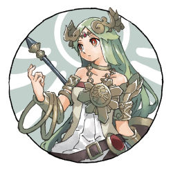 Rule 34 | 1girl, armlet, armor, bare shoulders, belt, belt buckle, bracelet, brown belt, buckle, circlet, closed mouth, collarbone, detached wings, green hair, halo, holding, holding polearm, holding weapon, jewelry, kid icarus, long hair, necklace, nintendo, nishikuromori, palutena, pauldrons, polearm, red eyes, shield, shoulder armor, simple background, single pauldron, solo, super smash bros., vambraces, weapon, white background, wings