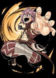 Rule 34 | abs, brown pants, full body, gate of nightmares, highres, manatsu (gate of nightmares), mashima hiro, official art, open mouth, pants, pink hair, sandals, short hair, smile, solo, spiked hair, teeth, transparent background