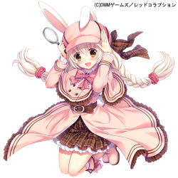 Rule 34 | 1girl, :d, adjusting clothes, adjusting headwear, animal ears, belt, blonde hair, boots, bow, braid, coat, dmm, dress, hagino kouta, hat, long hair, mabel (red corruption), magnifying glass, official art, open mouth, pink bow, pink coat, pink dress, pink footwear, pink hat, plaid, plaid skirt, rabbit ears, red corruption, skirt, smile, solo, twin braids, watermark, white background