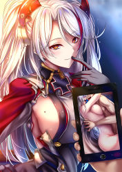 Rule 34 | 1boy, 1girl, akeyama kitsune, azur lane, blush, breasts, cellphone, cellphone photo, gloves, hair ornament, large breasts, long hair, long sleeves, looking at viewer, mole, mole on breast, multicolored hair, nude, orange eyes, phone, prinz eugen (azur lane), red hair, sex, sideboob, silver hair, smile, streaked hair, swept bangs, two side up