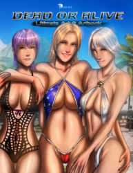 Rule 34 | 3girls, ayane (doa), beach, bikini, blonde hair, bloodfart, blue eyes, breasts, brown eyes, christie (doa), dead or alive, large breasts, multiple girls, purple hair, red eyes, smile, swimsuit, tecmo, tina armstrong, white hair