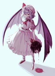 Rule 34 | absurdres, belt, blood, blood on clothes, blood on face, bloody clothes, bloody dress, bloody wings, brown hair, ccakira000, closed mouth, demon wings, dress, dripping, frilled dress, frilled sleeves, frills, guro, hair between eyes, hat, highres, holding, holding head, huge filesize, looking at viewer, medium hair, pointy ears, puffy sleeves, purple hair, red eyes, remilia scarlet, severed head, standing, torn, torn wings, touhou, vampire, white dress, white headwear, wings