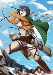 Rule 34 | 1girl, black eyes, black hair, blue sky, boots, breasts, cape, cloud, coat, cropped jacket, day, green cape, highres, house, impossible clothes, impossible shirt, lens flare, medium breasts, mikasa ackerman, motion lines, pants, red scarf, scarf, shingeki no kyojin, shirt, sky, solo, stock-world, three-dimensional maneuver gear, wall