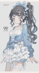 Rule 34 | 1girl, absurdres, artist name, black hair, blue bow, blue eyes, blue ribbon, blush, bow, bridal garter, camisole, closed mouth, collarbone, commentary request, curly hair, dot mouth, grey background, hair bow, hair ornament, hairclip, highres, layered skirt, long hair, long sleeves, original, ponytail, ribbon, shiraho (color-56), sidelocks, simple background, skirt, white bow, white camisole, white skirt