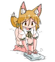 Rule 34 | 1girl, all fours, animal ear fluff, animal ears, barefoot, blonde hair, commentary request, dot nose, folding clothes, fox ears, fox girl, fox tail, green ribbon, hair between eyes, kasuya baian, kudamaki tsukasa, motion lines, puffy shorts, puffy sleeves, ribbon, romper, shorts, simple background, smile, tail, touhou, white background, white romper, yellow eyes, yellow tail