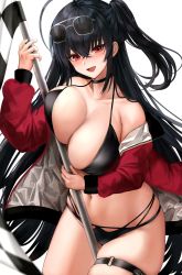 Rule 34 | 1girl, :d, ahoge, azur lane, bikini, black bikini, black choker, black hair, breasts, checkered flag, choker, cleavage, commentary request, crossed bangs, eyewear on head, flag, highleg, highleg bikini, highres, holding, holding flag, jacket, kinokorec, large breasts, long hair, multi-strapped bikini bottom, multiple straps, navel, off-shoulder jacket, off shoulder, official alternate costume, one side up, open clothes, open jacket, open mouth, race queen, red eyes, red jacket, smile, sunglasses, swimsuit, taihou (azur lane), taihou (enraptured companion) (azur lane), thigh strap, thighs, very long hair