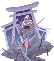 Rule 34 | 1girl, absurdres, acheron (honkai: star rail), bare legs, barefoot, body markings, breasts, bright pupils, closed mouth, colored extremities, commentary, english commentary, flower, full body, hand on own face, highres, holding, holding sword, holding weapon, honkai: star rail, honkai (series), horns, hyua171433, japanese clothes, katana, kimono, large breasts, looking down, multiple torii, official alternate color, official alternate costume, planted, planted sword, planted weapon, red eyes, red flower, red hands, red horns, red sash, sash, scabbard, sheath, solo, standing, sword, torii, unsheathed, weapon, white hair, white kimono, white pupils, wide sleeves