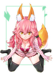Rule 34 | 1girl, :3, animal ear fluff, animal ears, black legwear, blush, bra, breasts, casual, cleavage, closed mouth, collarbone, commentary, commentary request, fate/extra, fate/grand order, fate (series), fox ears, fox girl, fox tail, jewelry, large breasts, long hair, looking at viewer, looking up, nail polish, necklace, official alternate costume, pink bra, pink hair, qta, sitting, smile, solo, tail, tamamo (fate), tamamo no mae (fate/extra), tamamo no mae (spring casual) (fate), twintails, underwear, yellow eyes