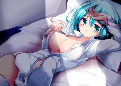 Rule 34 | 10s, 1girl, :o, aqua eyes, aqua hair, areola slip, bed sheet, blush, bow, bow panties, breasts, buttons, collarbone, crack of light, divine gate, gluteal fold, hair bow, hand on forehead, highres, long sleeves, looking at viewer, lying, medium breasts, nanaume (shichimi tougarashi), navel, no bra, on back, on bed, open clothes, open shirt, panties, parted lips, pillow, shadow, shirt, short hair, skirt, unworn skirt, solo, thighhighs, unbuttoned, underwear, vivian (divine gate), white shirt, white thighhighs