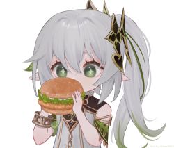 Rule 34 | 1girl, bracelet, burger, commentary request, detached sleeves, eating, food, genshin impact, gradient hair, green eyes, grey hair, hair between eyes, hair ornament, highres, holding, holding food, jewelry, long hair, multicolored hair, nahida (genshin impact), pointy ears, short sleeves, side ponytail, sidelocks, simple background, solo, symbol-shaped pupils, thehprm, white background