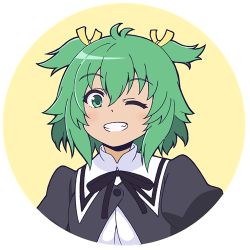 Rule 34 | 1girl, ;d, antenna hair, assault lily, black ribbon, buttons, circle, commentary, cropped jacket, fang, green eyes, green hair, grin, hair between eyes, hair ribbon, light blush, looking at viewer, lowres, masaki itsuki, neck ribbon, one eye closed, open mouth, puffy sleeves, ribbon, round image, school uniform, shirt, short hair, simple background, smile, solo, transparent background, two side up, upper body, white shirt, yellow background, yellow ribbon, yoshimura thi mai, yurigaoka girls academy school uniform
