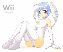 Rule 34 | 1girl, blue eyes, blue hair, blush, boots, elbow gloves, fingerless gloves, game console, gloves, heika (artist), heika (heikahp), matching hair/eyes, nintendo, personification, product girl, shoes, solo, thighhighs, thighs, white thighhighs, wii, wii-tan