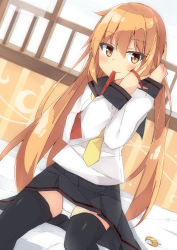 Rule 34 | 1girl, beritabo, black sailor collar, black skirt, black thighhighs, blonde hair, brown eyes, closed mouth, commentary request, crescent, curtains, dutch angle, hair between eyes, hands up, indoors, kantai collection, long hair, long sleeves, mouth hold, necktie, panties, pleated skirt, red ribbon, ribbon, ribbon in mouth, sailor collar, satsuki (kancolle), satsuki kai ni (kancolle), school uniform, serafuku, shirt, sitting, skirt, smile, solo, striped, thighhighs, transparent, tying hair, underwear, vertical stripes, very long hair, white panties, white shirt, yellow necktie