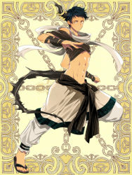 Rule 34 | 1boy, arm wrap, black hair, brown eyes, brown horns, clenched hand, feet, flip-flops, horns, kerberos blade, l (matador), looking at viewer, male focus, midriff, navel, sandals, scarf, simple background, single horn, solo, standing, tan, toes, white scarf, yellow background