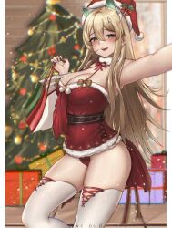 Rule 34 | 1girl, :d, alternate costume, animal ears, artist name, bag, blonde hair, blurry, blurry background, blush, box, breasts, bwcloud, cameltoe, chinese commentary, christmas, christmas tree, cleavage, commentary, dress, ear piercing, emma (color me red) (nikke), emma (nikke), english commentary, fake animal ears, feet out of frame, fur-trimmed dress, fur collar, fur trim, gift, gift bag, gift box, goddess of victory: nikke, green eyes, hair between eyes, hat, highres, holding, holding bag, large breasts, long hair, looking at viewer, mixed-language commentary, open mouth, outstretched arm, panties, piercing, pom pom (clothes), red dress, red panties, rupee (nikke), santa dress, santa hat, short dress, sidelocks, smile, solo, standing, straight hair, strapless, strapless dress, thighhighs, thighs, tube dress, underwear, waist cape, white thighhighs