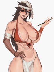 Rule 34 | 1girl, abs, absurdres, alternate muscle size, amputee, bags under eyes, bandages, bare shoulders, black hair, bleach, bra, breasts, cleavage, collarbone, commentary, cowboy shot, english commentary, eyeshadow, green eyes, grin, hand on own hip, head tilt, headband, highres, kiseru, large breasts, lips, long hair, makeup, midriff, muscular, muscular female, navel, pelvic curtain, prosthesis, red bra, shiba kuukaku, simple background, smile, smoking pipe, smug, solo, standing, thick thighs, thighs, toned, underwear, vambraces, white background, ykshelter