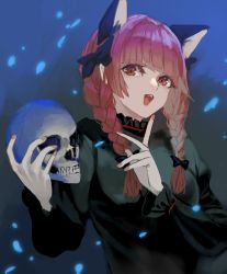 Rule 34 | 1girl, :d, animal ears, black bow, blue fire, blunt bangs, bow, braid, cat ears, dark background, dress, extra ears, fire, hair bow, highres, holding, holding skull, kaenbyou rin, long sleeves, looking at viewer, nail polish, nanasuou, open mouth, red eyes, red hair, red nails, skull, slit pupils, smile, solo, sparks, touhou, twin braids