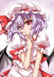 Rule 34 | 1girl, bat wings, bow, female focus, finger to mouth, hat, hat ribbon, head tilt, highres, looking at viewer, pink hair, puffy sleeves, red eyes, remilia scarlet, ribbon, roura, short hair, short sleeves, solo, touhou, wings