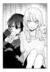 Rule 34 | 2girls, 6noseenji, absurdres, border, cup, drinking, fingernails, glass, greyscale, grin, hair strand, highres, holding, holding cup, ice, ice cube, leaning on person, leaning on person, looking at viewer, monochrome, multiple girls, original, smile, wall