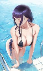 Rule 34 | 1girl, alternate costume, arm support, bare arms, bare shoulders, bikini, blush, braid, breasts, caustics, cleavage, closed eyes, closed mouth, genshin impact, halterneck, highres, large breasts, leaning forward, long hair, low-braided long hair, low-tied long hair, pool, purple hair, raiden shogun, ryudraw, sidelocks, smile, solo, strap gap, string bikini, swimsuit, wading, water, wet