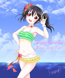 Rule 34 | 10s, 1girl, artist name, artist request, bare shoulders, bikini, bikini bottom only, bikini skirt, black hair, blue sky, blush, bow, bracelet, breasts, cleavage, cloud, collarbone, cowboy shot, double v, earrings, female focus, floating hair, flower, hair flower, hair ornament, hand on own hip, hibiscus, highres, jewelry, long hair, looking at viewer, love live!, love live! school idol festival, love live! school idol project, natsuiro egao de 1 2 jump!, navel, necklace, petals, red bow, red eyes, red flower, sky, small breasts, smile, solo, sparkle, star (symbol), star earrings, striped bikini, striped bikini bottom, striped clothes, sunlight, swimsuit, tagme, twintails, v, yazawa nico
