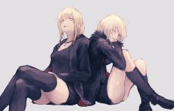 Rule 34 | 2girls, alternate costume, artoria pendragon (all), artoria pendragon (fate), boots, breasts, fate/grand order, fate/stay night, fate (series), highres, jacket, jeanne d&#039;arc (fate), jeanne d&#039;arc (ruler) (fate), jeanne d&#039;arc alter (fate), jeanne d&#039;arc alter (ver. shinjuku 1999) (fate), kouzuki kei, looking at viewer, multiple girls, official alternate costume, ponytail, saber (fate), saber alter, saber alter (ver. shinjuku 1999) (fate), short hair, simple background, smile, thighhighs, yellow eyes