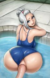 Rule 34 | 1boy, 1girl, absurdres, abyssdagon, ass, bent over, blush, breasts, clothing aside, enenra, fairy tail, happy sex, hetero, highres, large breasts, lipstick, long hair, looking back, makeup, mirajane strauss, one-piece swimsuit, pool, sex, smile, swimsuit, swimsuit aside, vaginal, white hair