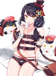 Rule 34 | 1girl, bag, banjug-eum, bare shoulders, belt, bikini, black bikini, black hair, breasts, collarbone, commission, detached sleeves, drone, earrings, elsword, envelope, eve (2nas) (elsword), eve (elsword), facial mark, hair ornament, hairclip, hat, highres, holding, jewelry, long hair, looking at viewer, medium breasts, mini hat, mini top hat, moby (elsword), multiple belts, navel, parted lips, remy (elsword), shoulder bag, sitting, solo, stomach, swimsuit, thighs, top hat, twintails, wrist cuffs, yellow eyes