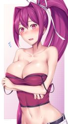 Rule 34 | 1girl, bare shoulders, blush, breasts, camisole, cleavage, collarbone, commentary request, crop top, flying sweatdrops, groin, hair between eyes, hair intakes, hair ribbon, high ponytail, highres, large breasts, long hair, looking at viewer, midriff, navel, nose blush, open clothes, open fly, pants, ponytail, purple hair, red camisole, red eyes, ribbon, sidelocks, solo, soukitsu, standing, strap slip, sweat, twitter username, under night in-birth, upper body, very long hair, wavy mouth, white pants, white ribbon, yuzuriha (under night in-birth)