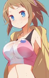 Rule 34 | 10s, 1girl, 9law, blue background, blue eyes, breasts, brown hair, duplicate, gundam, gundam build fighters, gundam build fighters try, hoshino fumina, jacket, large breasts, looking at viewer, midriff, simple background, solo, spandex, sports bra, sweat, two-tone sports bra