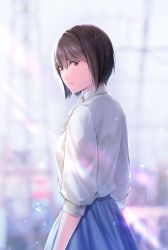 Rule 34 | 1girl, blue skirt, brown hair, closed mouth, from behind, highres, long sleeves, looking at viewer, looking back, mole, mole under eye, nayuta69, original, rain, red eyes, shirt, short hair, skirt, solo, upper body, wet, wet clothes, wet shirt, white shirt