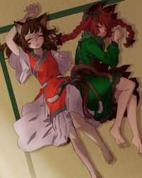 Rule 34 | 2girls, animal ear fluff, animal ears, artist request, barefoot, black bow, bow, braid, brown hair, cat ears, cat tail, chen, dress, closed eyes, feet, fetal position, friends, green dress, highres, intertwined tails, kaenbyou rin, long hair, lying, multiple girls, multiple tails, non-web source, on floor, open mouth, red dress, red hair, saliva, short hair, sleeping, soles, source request, tail, tatami, toes, touhou, twin braids, two tails, yuri