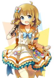 Rule 34 | 1girl, blue bow, blue bowtie, blue eyes, bow, bowtie, bracelet, brown hair, cowboy shot, dress, frilled dress, frills, hair ornament, highres, holding, holding microphone, idolmaster, idolmaster million live!, jewelry, looking at viewer, microphone, puffy short sleeves, puffy sleeves, short hair, short sleeves, solo, standing, suou momoko, thighhighs, toro (shiro), white dress, white thighhighs